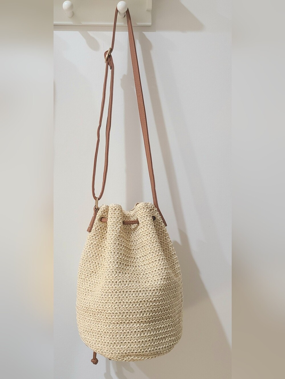 Montce Ali Woven Straw Bucket Bag Ivory & Chestnut Brown NWT - Picture 5 of 14